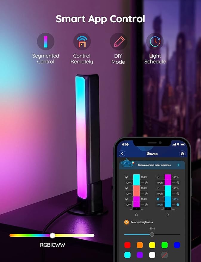 Govee Smart LED Light Bars, Work with Alexa and Google Assistant, RGBICWW WiFi TV Backlights with Scene and Music Modes for Gaming, PC, Room Decoration,Black