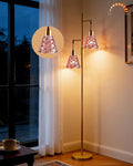 2-Light Glass Floor Lamp, Gold Tall Standing Lamps Dimmable with Rose Red Glass Lampshade, 3000K Warmwhite Mid Century Modern Floor Lamp for Living Room/Bedroom/Sofa Beside/Home Decor