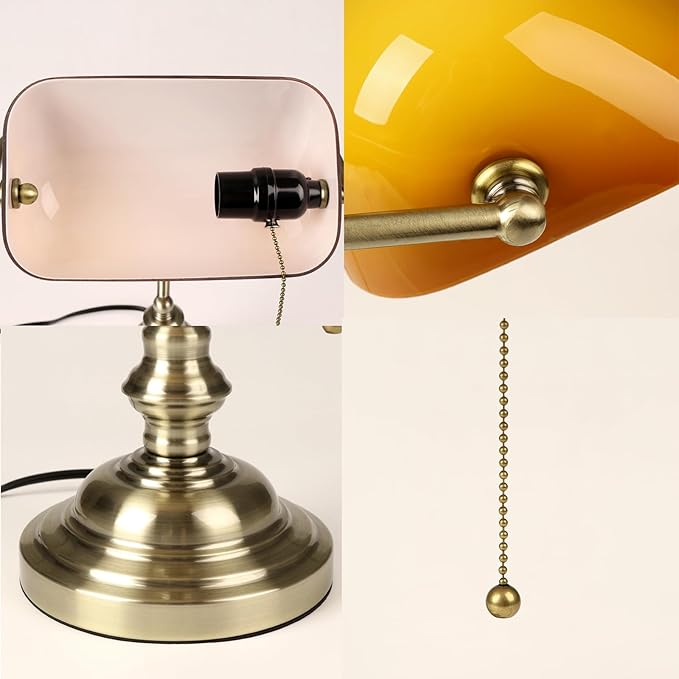 FIRVRE Bankers Desk Lamp with Pull Chain Switch, Amber Glass Shade Desk Lamps, Bronze Base,Vintage Library Lamp for Home Office, Study Room,Piano
