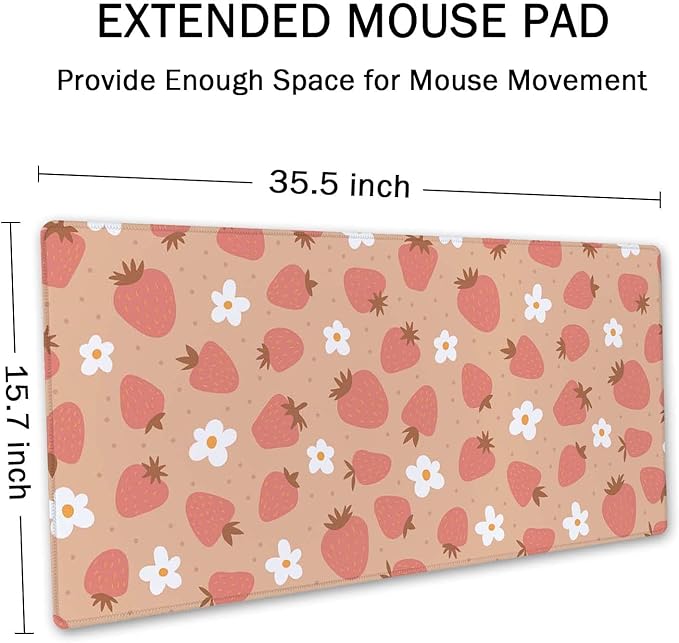 SSOIU Large Mouse Pad, Full Desk XXL Extended Gaming Mouse Pad 35.5" X 15.7", Waterproof Desk Mat with Stitched Edge, Non-Slip Laptop Computer Keyboard Mousepad for Office & Home, Strawberry and Daisy