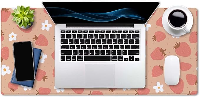 SSOIU Large Mouse Pad, Full Desk XXL Extended Gaming Mouse Pad 35.5" X 15.7", Waterproof Desk Mat with Stitched Edge, Non-Slip Laptop Computer Keyboard Mousepad for Office & Home, Strawberry and Daisy