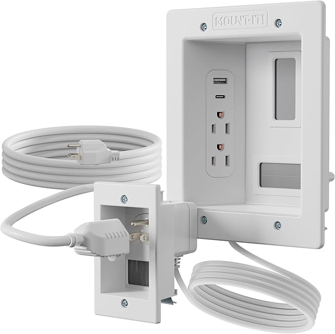 Mount-It! in-Wall TV Cable Management Kit – Dual Power Outlet with Dual USB Ports, Male Wall Plug and 5ft External & 9ft Behind The Wall Cords, Hand Saw – Safe Cable Management for TV