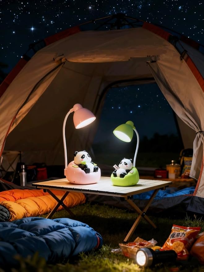 LED Desk Lamp with USB Charging Port, Gooseneck, Cute Panda Night Light for Bedroom Study Room, Boys Girls Children, Touch Control, 500 mAh, Rechargeable Lighting Decor for Boys Girls-Pink