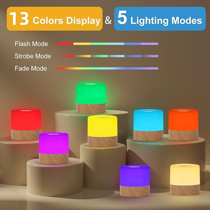 2 Pack LED Touch Bedside Table Lamp,13 RGB Colors & 5 Brightness, USB Rechargeable, Remote Control Dimmable Night Light with RGB Color Changing,Portable Lamp for Baby, Bedroom,Outdoor
