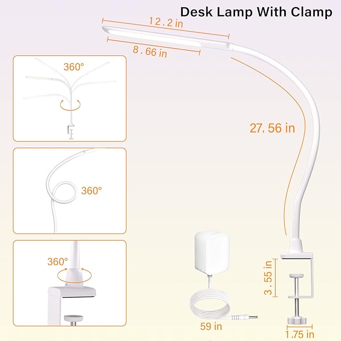 LED Desk Lamp With Clamp, 10W Gooseneck Lamps Touch Control,Swing Arm Clamp Lamp, Architect Clamp Desk Lamp Dimmable,Nail Lamp for Desk Table (White)