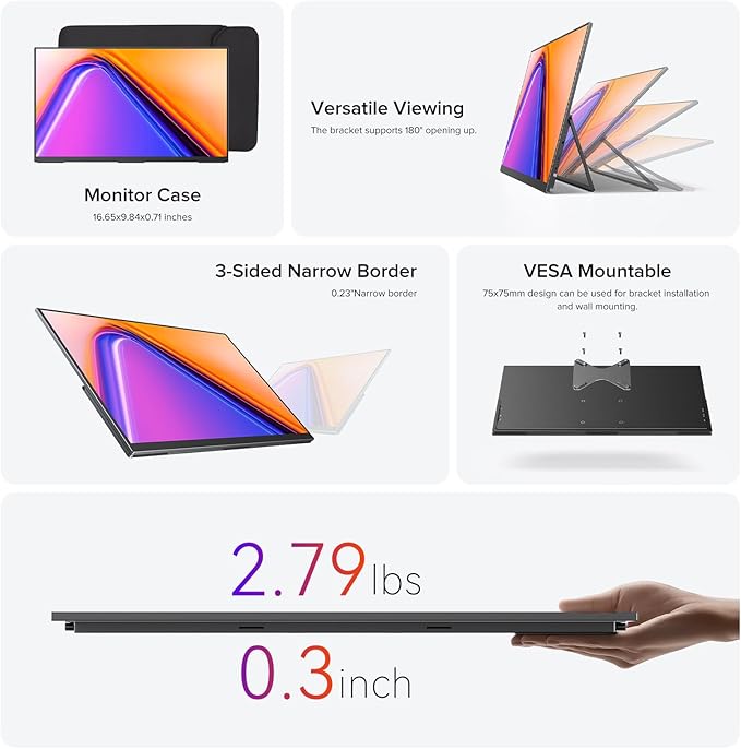 UPERFECT 18.5" Portable Monitor, NxtLED™ Eye Care Display, 120Hz FHD 1080P, 145% sRGB, Anti-Glare Matte Screen, Flicker-Free Low Blue Light, with Stand & VESA for Laptop, PC, Mac, Phone & Game Console