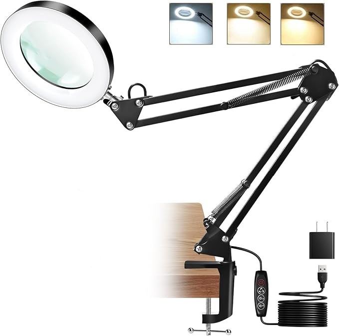 10X Magnifier Lamp with Clamp, 15" Adjustable Arm LED Desk Light with Real Glass Lens, 3 Color Modes, Bright Dimmable Lighting for Repair, Model Painting, Sewing, Reading
