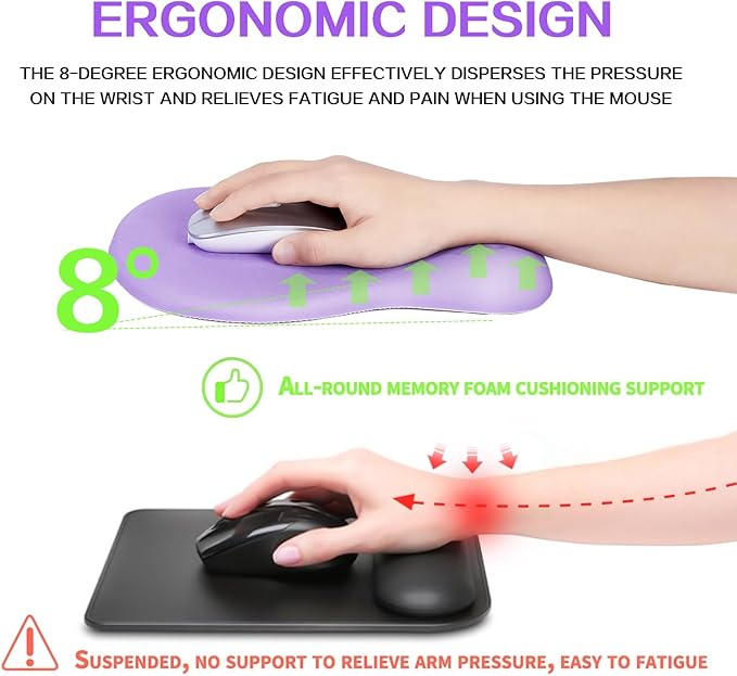 Ergonomic Wrist Rest with Mouse Pad, Mouse Pad with Comfortable Memory Foam Wrist Rest, Massage Design, Non-Slip Rubber Base, Made Easy Typing & Relieve Wrist Pain, Purple