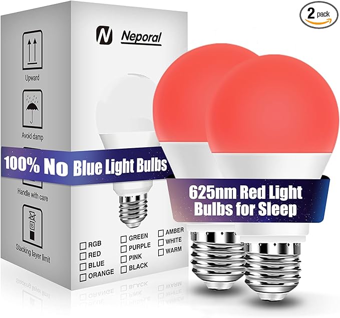 Neporal 625nm Red Light Bulbs for Sleep, 100% Blue Light Blocking Light Bulb, 9W Red Light Bulb for Melatonin Promoting, A19 60W Equivalent Dim Light Bulbs for Bedroom, Baby Nursery,2 Pack