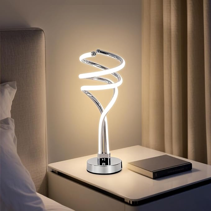 ElDISUNY Modern LED Table Lamp, 3 Color Temperatures,Touch Control CurveDimmable Bedside Table Lamps with USB Ports, Touch Control LED NightstandLamp, Desk Lamp for Living Room, Bedroom -Silver