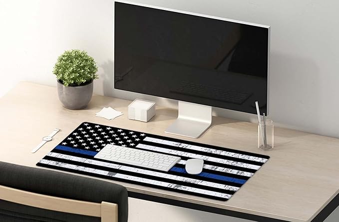 SSOIU Desk Mat, Extended Gaming Mouse Pad 35.5x15.7 in, Large Non-Slip Rubber Base Mousepad with Stitched Edges, Waterproof Keyboard Mouse Mat Desk Pad for Office, Home - Retro US Thin Blue Line Flag