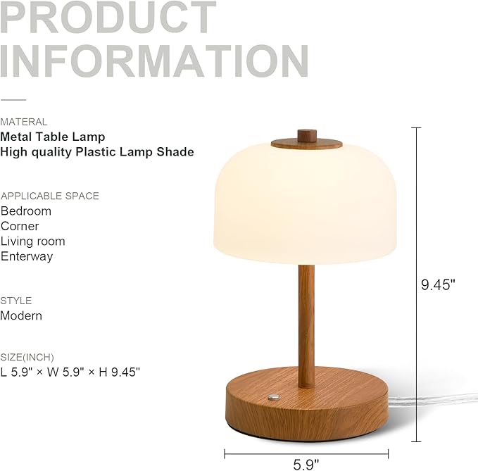 Oneach 9.5" Touch Control Table Lamp with USB A+C Charging Ports, Wood Grain Dimmable LED Bedside Lamp with 3 Color Temperatures, Small Modern Table Lamps for Bedroom Nightstand Living Room