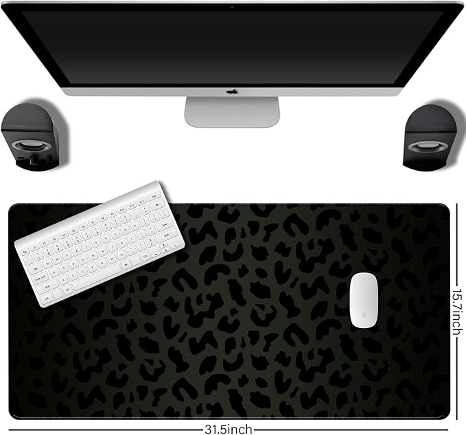 Extended Large Computer Gaming Mouse Pad Desk Mat(31.5×15.7 in),Desk Pad with Non-Slip Base Stitched Edges,Suitable for Work Office Large Gaming Mouse Pad Desktop Pad-Black Leopard Cheetah