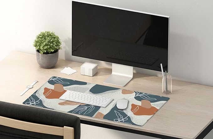 SSOIU Extended Gaming Mouse Pad (35.5x15.7 in), Large Stable Rubber Base Mousepad with Stitched Edges, Keyboard Mouse Mat Desk Pad for Work, Game, Office, Home - Abstract Flowers and Leave