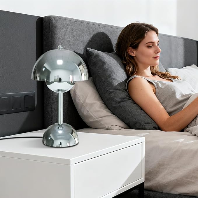 Silver Mushroom Table Lamp,3 Way Dimmable Touch Control Modern Desk and Bedside Lighting for Bedroom Office Living Room,Warm White 3000K G45 Bulb Included, Eye Caring Study Lamp for Home Decor