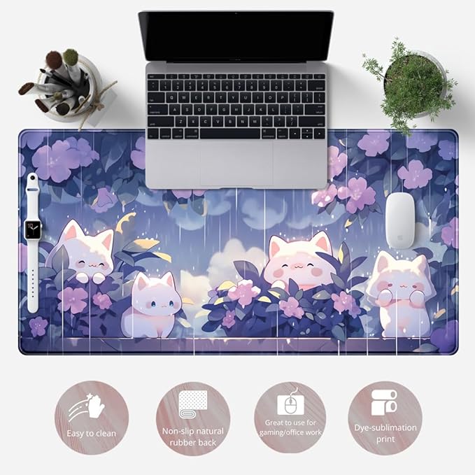 Kawaii Cat Desk Mat XXL Extended Purple Gaming Mouse Pad Large Mousepad, Cute Desk Mat Keyboard and Mouse with Stitched Edges Desk Pad for Game Office Home Desk Purple Decor 31.5x15.7 in