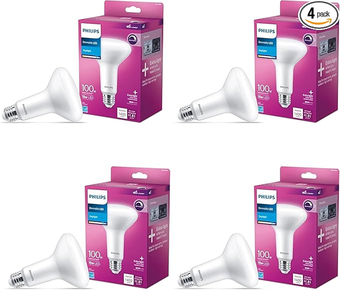 PHILIPS LED 100W BR30 4-Pack Daylight (5000K) 1400 Lumen (15W = 100W) Dimmable Frosted Flicker-Free Light Bulbs