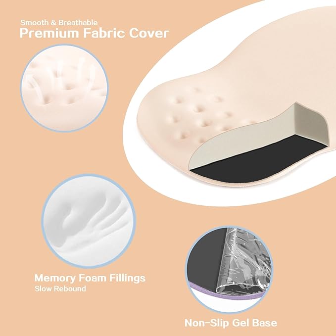 Ergonomic Wrist Rest with Mouse Pad, Mouse Pad with Comfortable Memory Foam Wrist Rest, Massage Design, Non-Slip Rubber Base, Made Easy Typing & Relieve Wrist Pain, Apricot