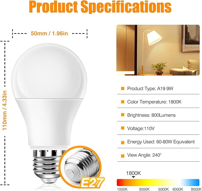 Neporal Amber Sleep Light Bulbs 1800K 8PK, 9W 60 Watt Equivalent, 99.96% Blue Blocking Soft Warm Light Bulbs A19, Amber Night Light E26 for Bedroom and Baby Nursery Light