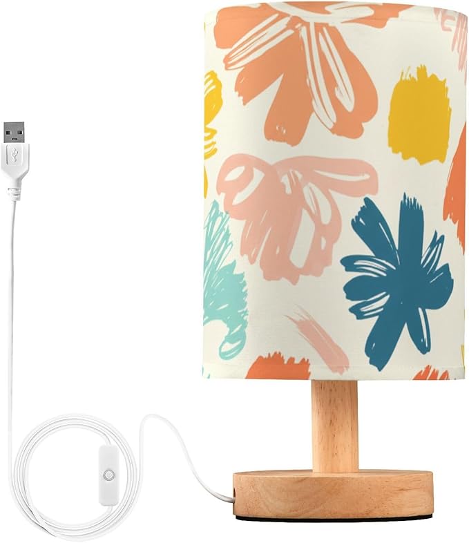 Colorful Brush LED Table Lamp, Bedside Lamp with Linen Lampshade, Flicker-Free Eye Care USB Plug in Nightstand Lamp, for Bedroom and Office