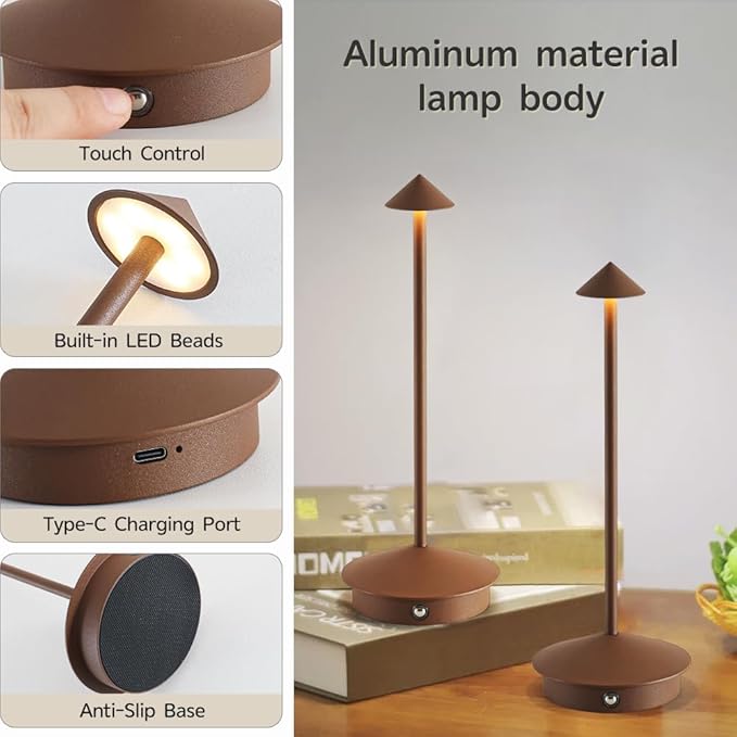 2 Pack Aluminum Cordless Table Lamp, 6000mAh Rechargeable Table Lamps, Portable Touch LED Lamp, Outdoor Waterproof Dimmable Cordless Rechargeable Table Lamps for Restaurant/Patio- Black (Zongse)