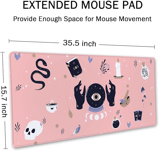 SSOIU Large Mouse Pad, Cute Pink Goth Desk Mat for Desktop, Women Girls Waterproof Gaming Mousepad, Boho Witch Computer PC Laptop Protector Writing Pads for School Office Home 35.5" x 15.7"