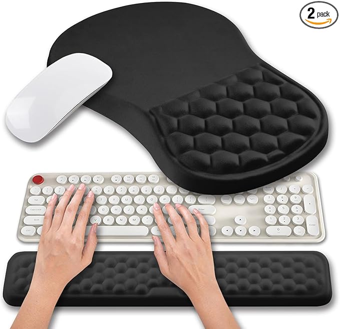 Hokafenle 2 in 1 Ergonomic Mouse Pad Wrist Support & Wrist Rest for Computer Keyboard Set, with Memory Gel Massage Bulge Design (2In1 Set, Black)