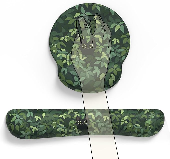 Cute Ergonomic Green Mouse Pad Cat Wrist Support,[ 20% Larger] Wrist Rest Gel Anime Kawaii 3D Green Office Plants Mouse Pads, Keyboards Silicon Wrist Pad, Game Work Study Home Office.
