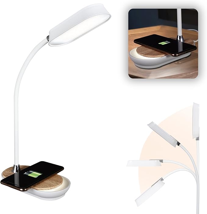 Ottlite Inspire LED Desk Lamp with Wireless Charging - ClearSun LED Technology - Flexible Neck, Dimmable with Touch Controls & Night Light Feature - for Offices, Dorm Rooms, & Bedside Tables