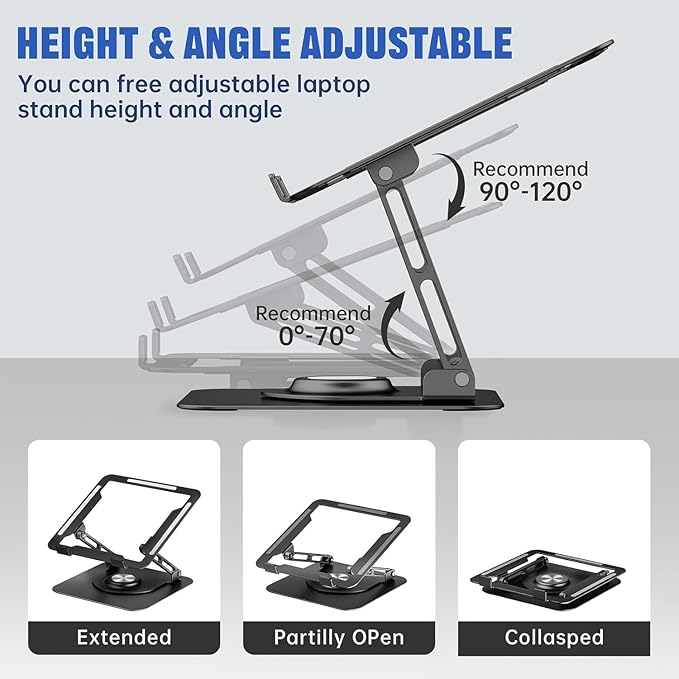 Laptop Stand for Desk, Adjustable Computer Stand with 360° Rotating Base, Ergonomic Laptop Riser for Collaborative Work, Foldable & Portable Laptop Stand, fits for All 10-16" Laptops (Black)