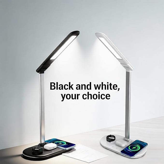 3-in-1 Wireless Charging Desk Lamp,15W Qi Fast Charger for Phone/Watch/Earbuds,Adjustable LED Light with 3 Colors & Stepless Dimming,Flexible Gooseneck,Touch Panel,HYT2096 Black.