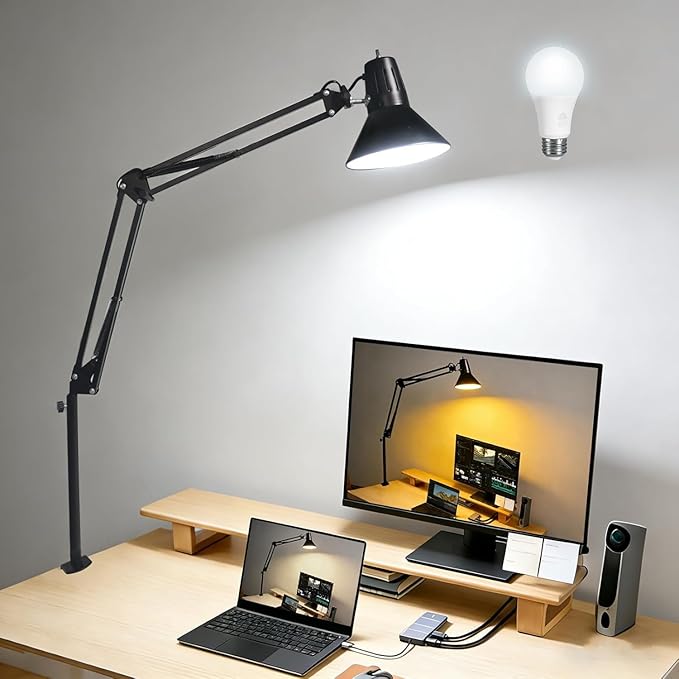 2 Pack LED Desk Lamp Dimmable with Clamp, Eye-Caring Clip on Lights for Home Office, 3 Adjustable Color Temperature, Extra Tall Metal Swing Arm, High Intensity Clamp w/A19 E26 Bulb for Working Reading