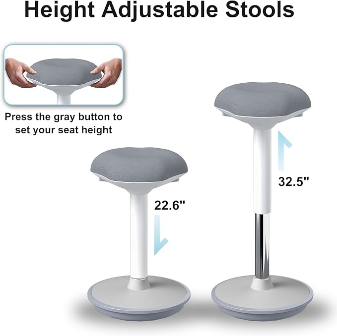 Wobble Stool Adjustable Height Standing Desk Chair with Non-Slip Base and Upgraded Lift for Home and Office (Grey)