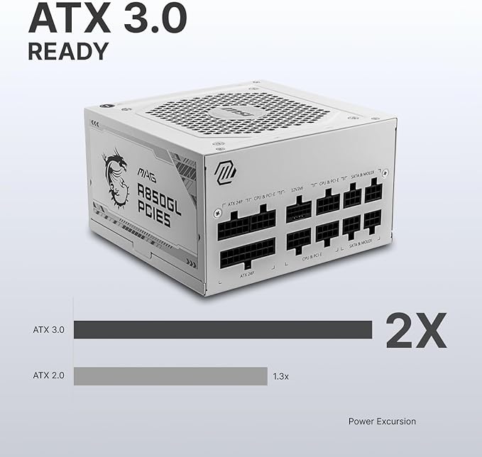 MSI MAG A850GL PCIE5 White, Fully Modular Compact Gaming 850W Power Supply, 80+ Gold, ATX 3.1 & PCIe 5.1 Ready, Native Dual-Color 12V-2x6 Cable, 10 Year Warranty
