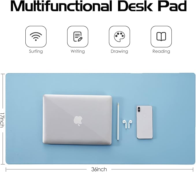Faux Leather Desk Pad Blotter,Waterproof Non-Slip Writing Desk Mat for Kids,36x17 in Desktop Protector Large Mouse Pad,Light Blue Office Home Table Cover