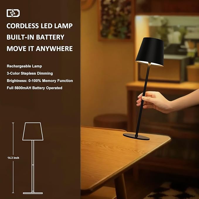 Pack of 2 Dimmable LED Battery Table Lamps, Touch Wireless Table Lamp with USB-C, Metal LED Rechargeable Battery Table Lamp for Outdoor and Indoor, Aluminium, IP44 Waterproof, 5600 mAh, 5 W, Black