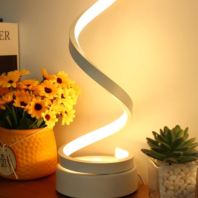 Modern Spiral Table Lamp, Dimmable Table Lamps for Bedroom, 12W LED Desk Lamp for Living Room, 3 Colors 10 Brightness Bedside Lamps Nightstand Lamps Desk Light for Nightstand, Office - White