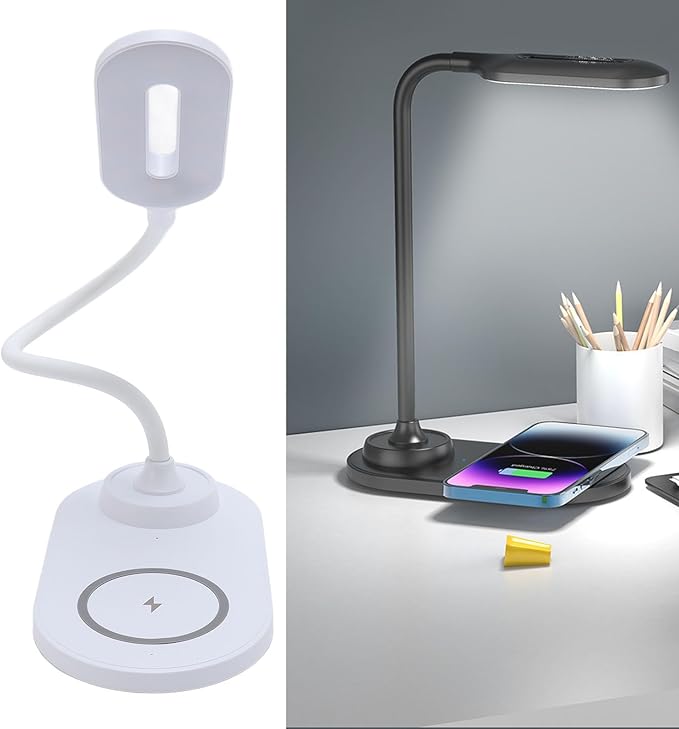POCREATION Wireless Charging Desk Lamp LED Desk Light with USB Charging 15W Phone 5W Earphone 360 Adjustable Arm Eye Caring for Home Office Study (White)