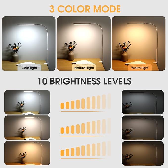 LED Desk Lamp with Clamp, Eye-Caring Clip on Lights for Home Office, 3 Modes 10 Brightness, Long Flexible Goose-Neck, Metal, Swing Arm Architect Task Table Lamps with USB Adapter, White