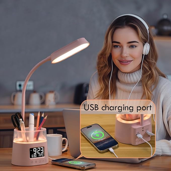 WILIT LED Desk Lamp for College Dorm Room Essentials, Students Study Lamp with USB Charging Port, Pen Holder, Clock & RGB Night Light, Office Desk Light Accessories, Table Lamp for Bedroom - Pink
