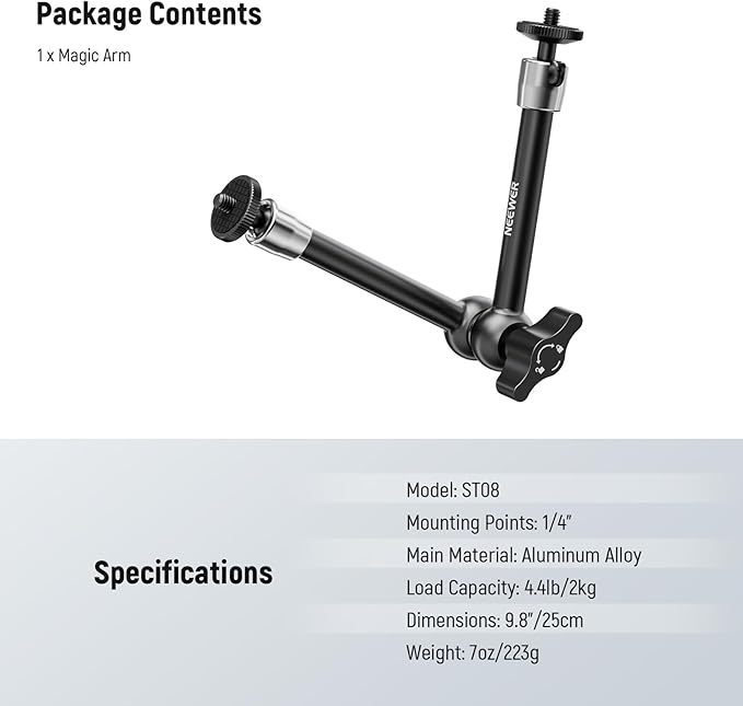 NEEWER 9.8"/25cm Adjustable Friction Magic Arm with 1/4" Screw on Both Ends, Compatible with SmallRig Cage, Flash/LED Light/Microphone/Monitor/SuperClip, Max Load 4.4lb/2kg, ST08