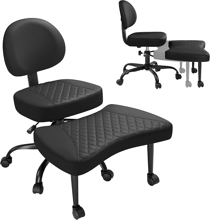 GUNJI Ergonomic Criss Cross Legged Office Chair, 360° Swivel Meditation Kneeling Chair with Wheels, ADHD Chair with Footrest, Lumbar Support, Wider Height Adjustable Seat (Black, Faux Leather)