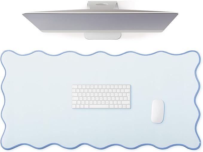 Scalloped Desk Mat Large Scalloped Piping Cute Desk Mat Aesthetic Preppy Table Pad Large Nonslip Pad with Edge Stitching Waterproof Gaming(Blue,36 x 17 Inches)
