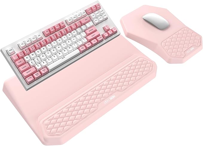 3-in-1 Ergonomic Keyboard Stand with Wrist Rest & Mouse Pad Set, Comfy Keyboard Riser Holder Soft Mousepad with Massage Design, Memory Foam and Non-Slip PU Base for Wrist Support, Pink