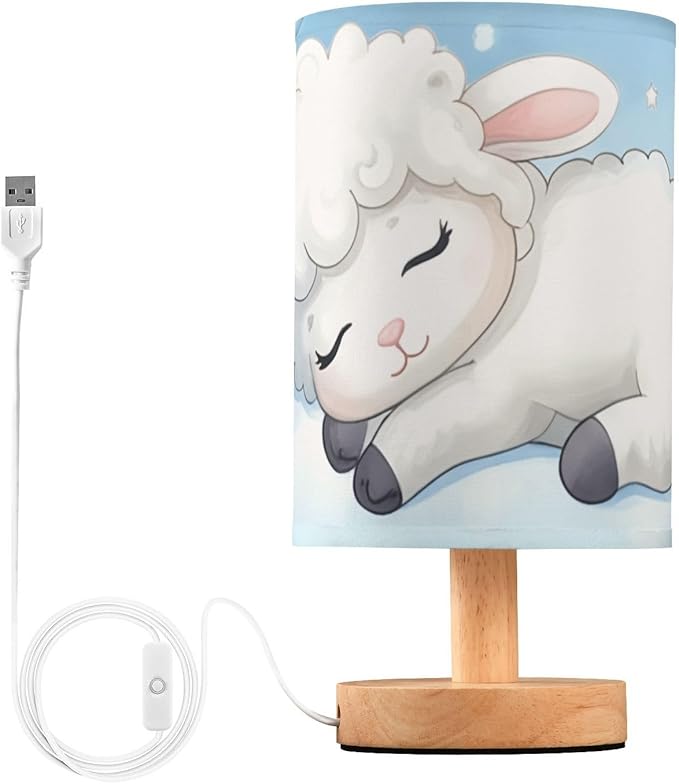 Sheep LED Table Lamp, Bedside Lamp with Linen Lampshade, Flicker-Free Eye Care USB Plug in Nightstand Lamp, for Bedroom and Office