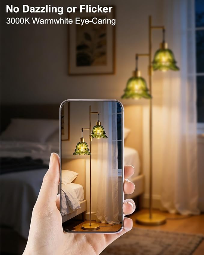 2-Light Gold Dimmable Floor Lamp for Living Room, 65IN Tall Standing Lamps with Green Glass Lampshade, 3000K Warmwhite Mid Century Modern Floor Lamp for Bedroom/Sofa Beside/Corner Decor