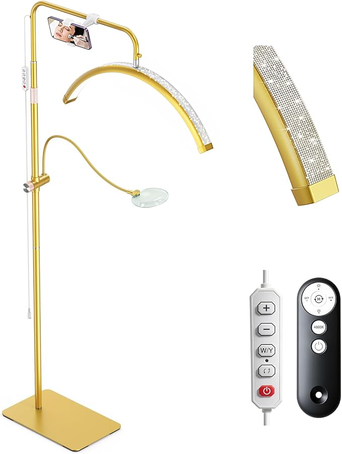 Half Moon Lash Light - Bling Diamond Lash Lamp with 4X Magnifier & Phone Holder, Adjustable Floor Lamp for Eyelash Extensions, Nail Art, Tattoo, Skincare, Dimmable Brightness, Rotating Head, Gold