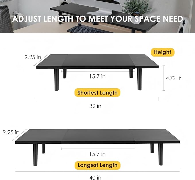 Dual-Monitor-Stand-Riser-For-Desk Adjustable Length 32-40 Inch，Large Desktop Computer Monitor Riser For 2 Screens，Desk Shelf Organizer Riser Stand For Computer/Laptop/PC/Printer/TV Black