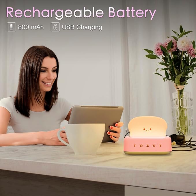 TOOGE Cute Toast Lamp, Small Desk Lamp, Night Light, Rechargeable, Pink, Plastic, Kawaii Decor for Bedroom, Table, Bedside, Desk, Gifts for Kids and Adults