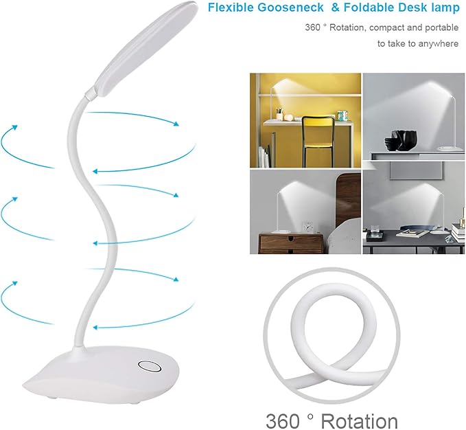 DEEPLITE LED Desk Lamp with Flexible Gooseneck 3 Level Brightness, Battery Operated Table Lamp 5W Touch Control,Compact Portable lamp for Dorm Study Office Bedroom,Eye-Caring and Energy Saving